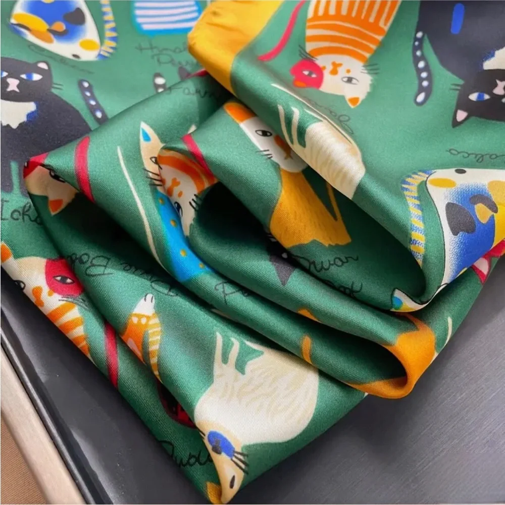 Cat Breeds Cartoon Whimsical Printed Square 27.5” Scarf, Green
